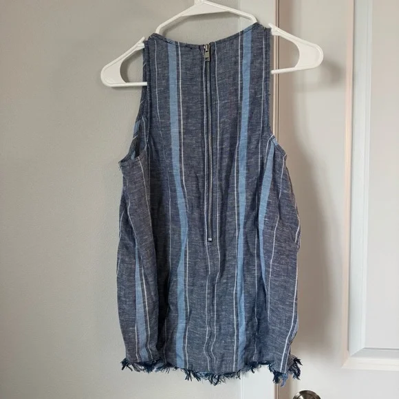 NWT Drew Anthropologie Linen Blue Striped Tank Size Small Fray Raw Hem Zipper - Picture 5 of 10